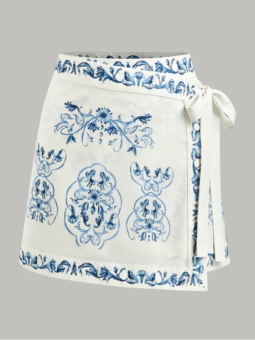 Commense Ivory Mini Wrap Skirt with Blue Floral Print